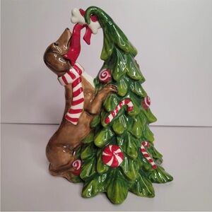 Daschund Climbing Christmas Tree Red Scarf Figurine